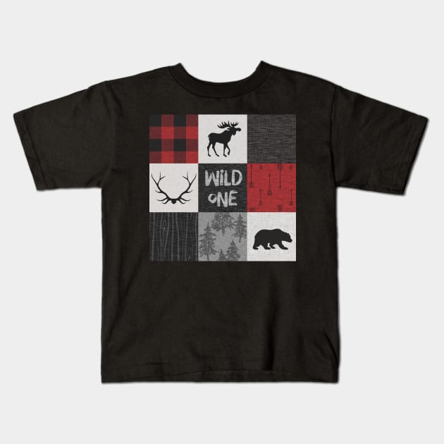 Wild One Woodland Patchwork- Red, Black, grey Kids T-Shirt by SugarPineDesign